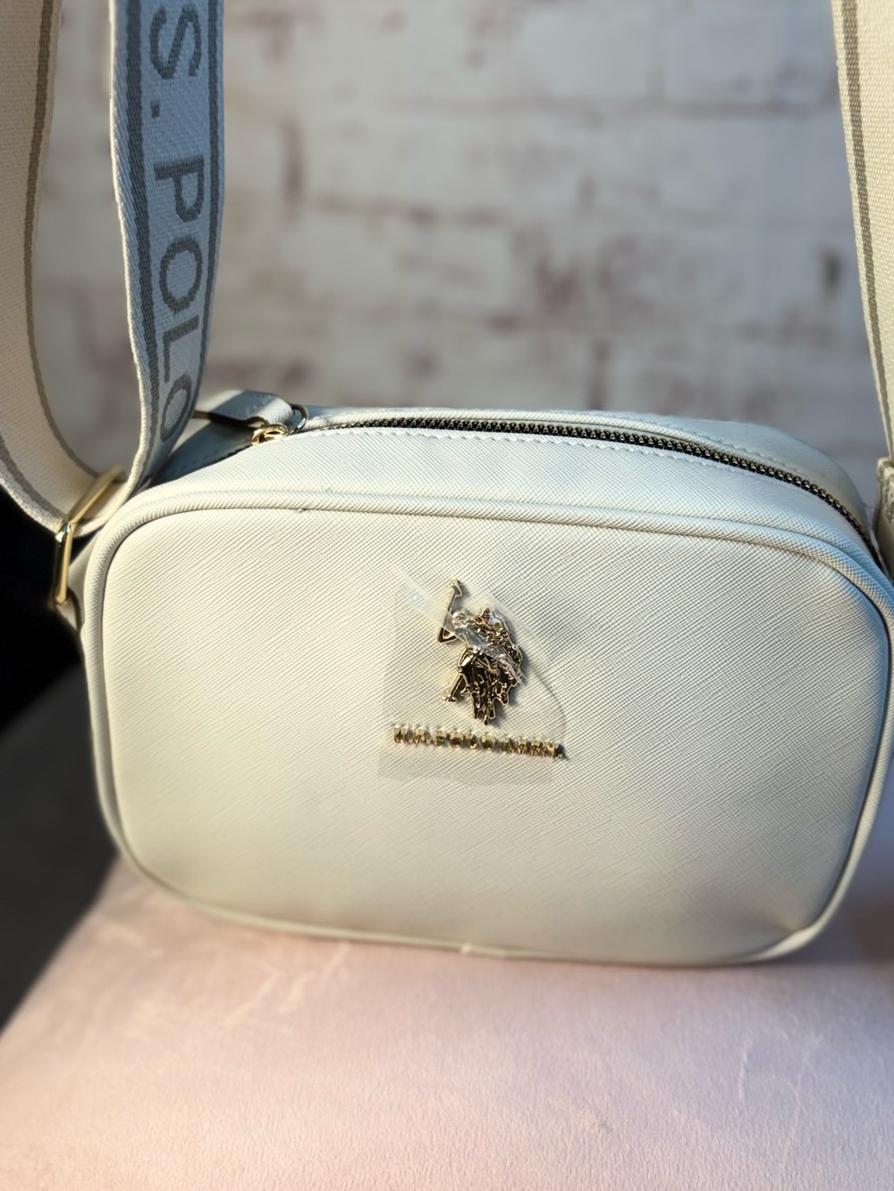 U.S. Polo Assn. Cream Saffiano Crossbody Bag with Wide Strap - Picture 4 of 16